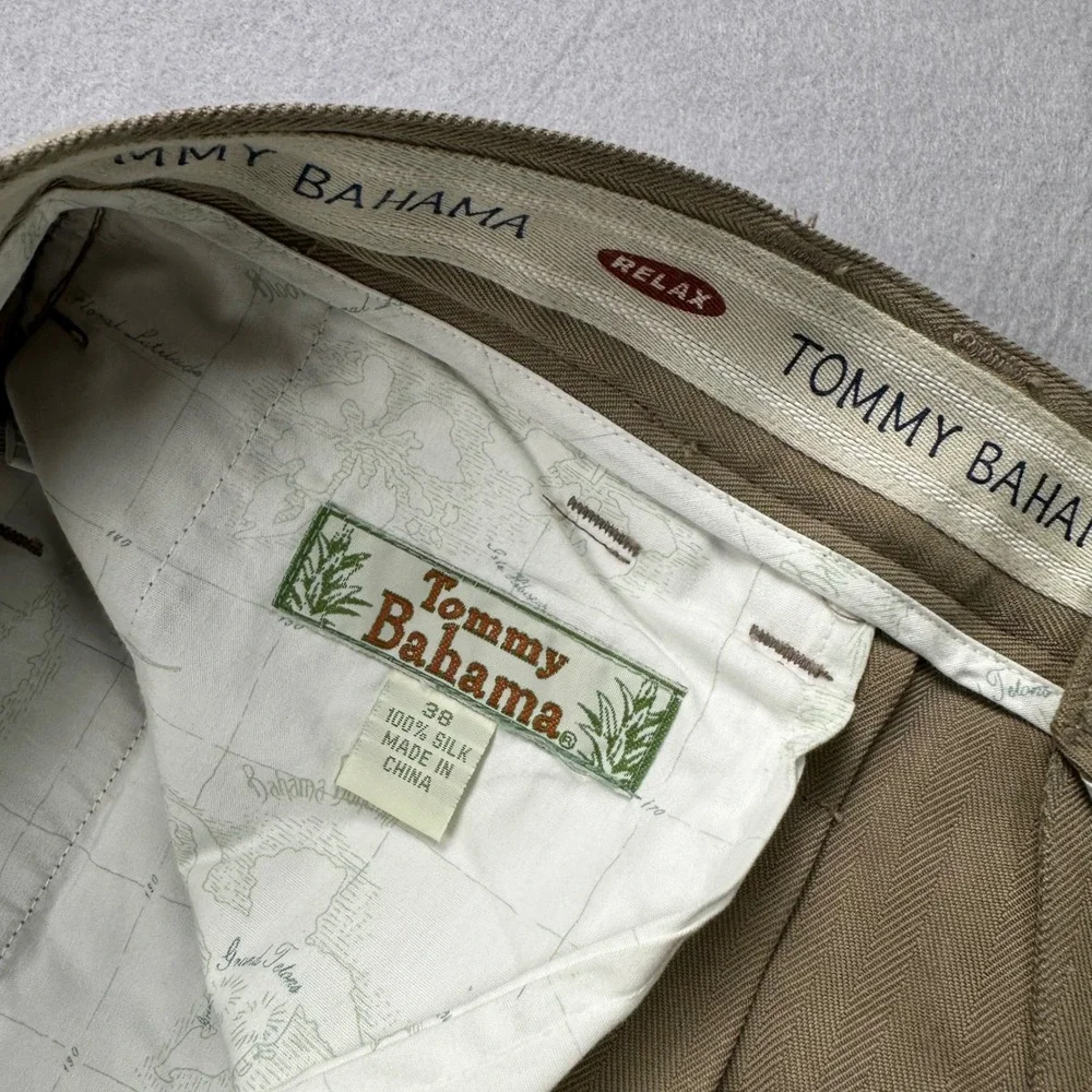 Tommy Bahama Relax The Fishbone Silk Pleated Pants Almond Khaki Herringbone NEW